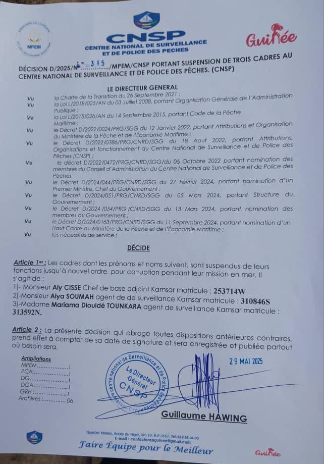 Immagine-WhatsApp-2025-05-30-ore-23.57.53_a60e9335 CNSPP : Trois cadres suspendus pour corruption en pleine mission en mer